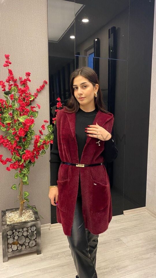 SÜSSÜ ANGORA KEMERLİ YELEK